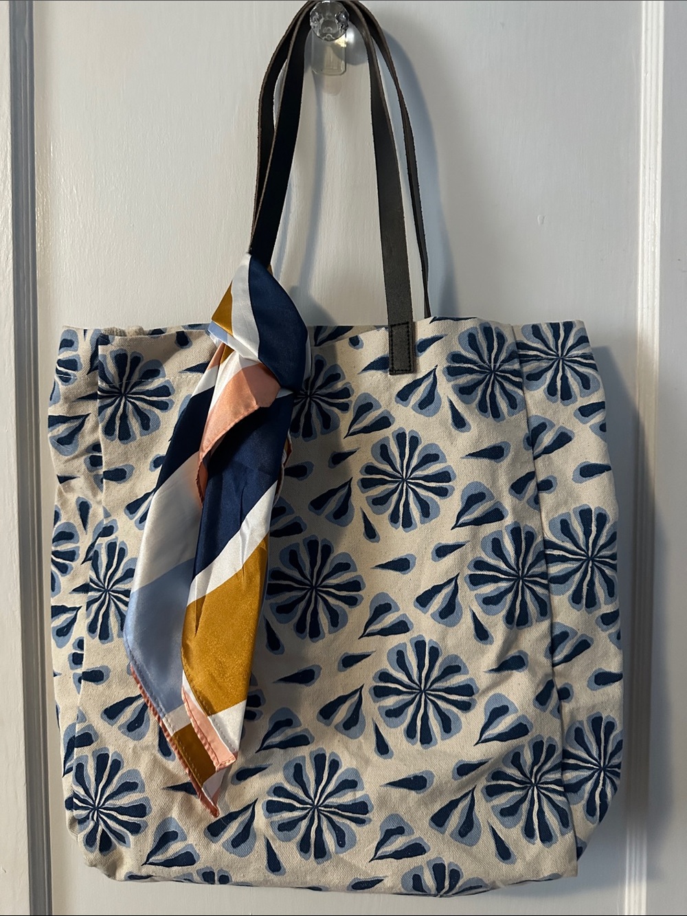Canvas Floral Tote Bag with Navy Pattern and Scarf